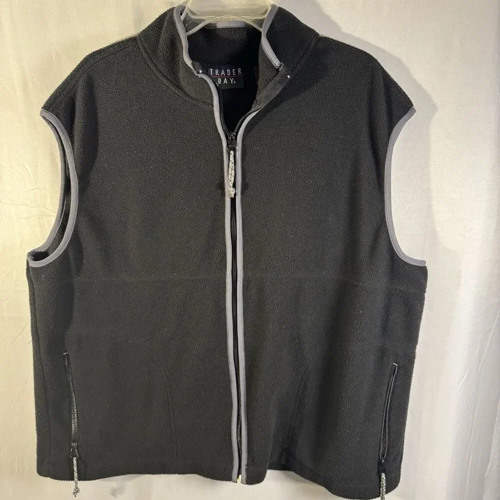 Trader Bay Mens Fleece Zip Vest Black Gray Trim Sleeveless Outdoor Size 2XL